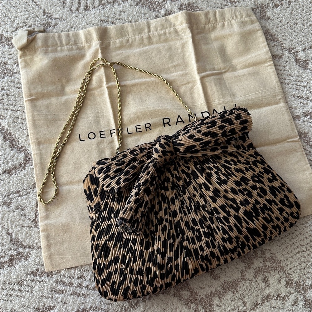 Loeffler Randall Pleated Leopard Bow Clutch w/ Gold Chain Strap Evening Bag - Picture 11 of 17